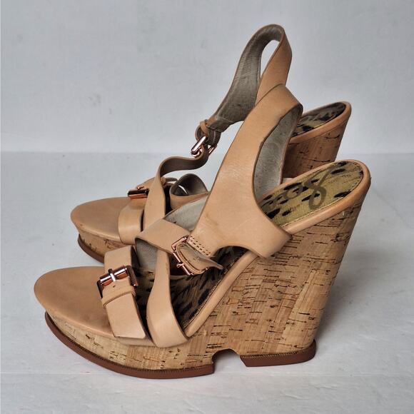 Sam Edelman Josie Sandals 8.5M Leather‎ Cork Wedge High Heels Platform Natural - Picture 6 of 10